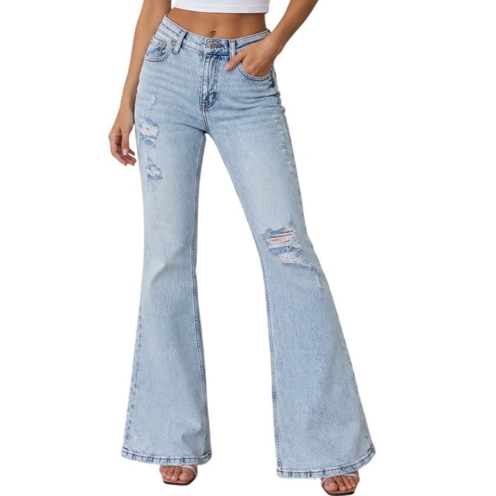 Aeropostale Women Light Wash High Rise Flare Size 4 Regular Distressed Stretch
